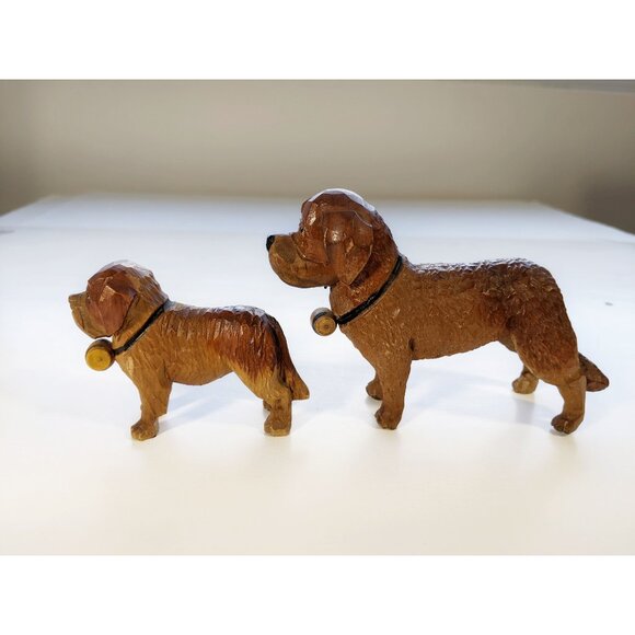 Vintage Wood Small Hand Carved St. Bernard Dogs With Barrels set of 2 - Picture 3 of 11